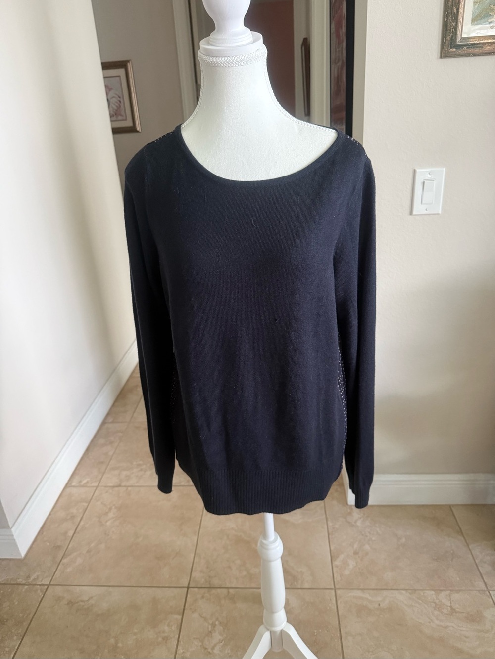 Like new Classic Navy Women's Lightweight Knit Sweater with sheer back.